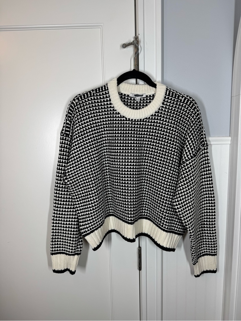 NWT MADEWELL Textured-Stitch Crewneck Sweater 100% Cotton, Ivory Black Stripe L